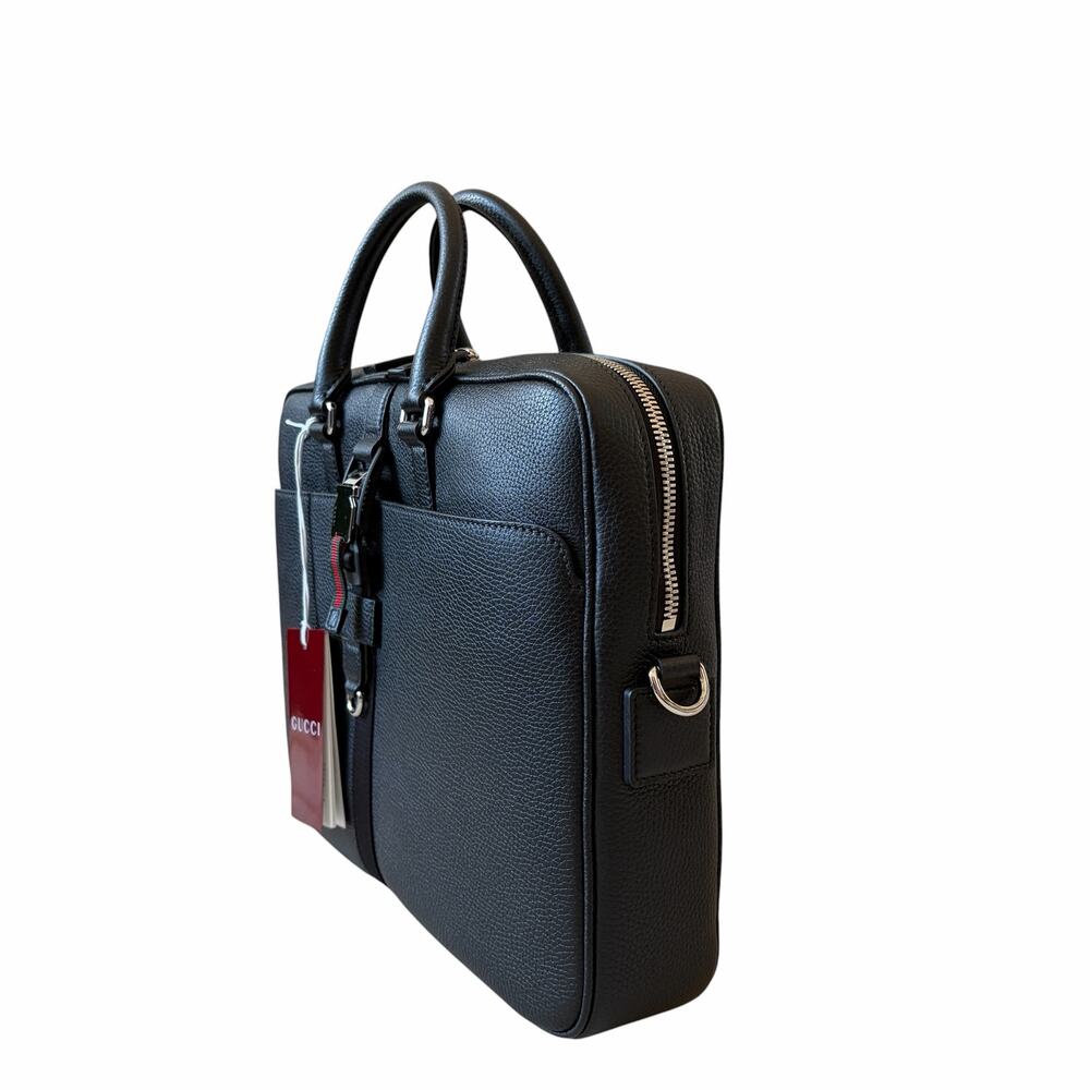 Gucci Medium Briefcase with Web Men's Black Full Grain Leather 816757 NWT - Picture 6 of 16